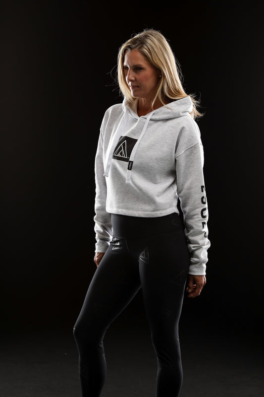 Grey cropped hoodie with black square on the center chest with a 29029 logo and then a numeric 29029 logo down the left sleeve.