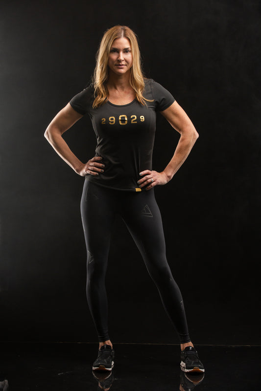 Black leggings with shiny black logos all over.