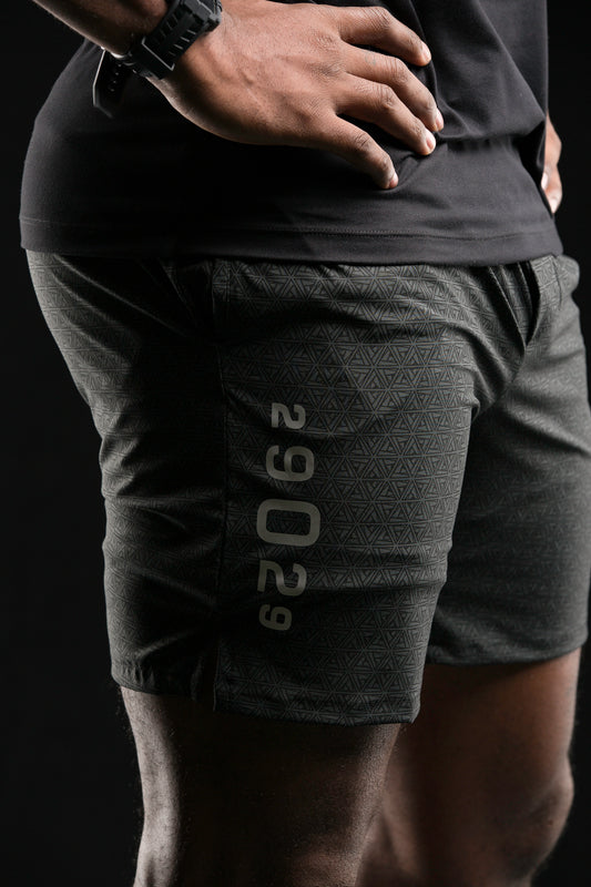 Grey shorts featuring repeating black 29029 logo all over. A numeric 29029 logo is doing down the side of the right thigh. 