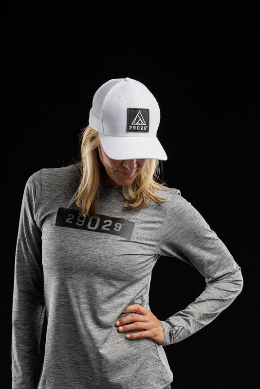 Grey performance long sleeve with a black boxed 29029 numeric logo on the chest. 